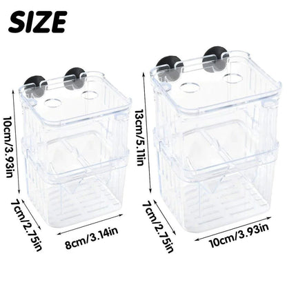 Clear plastic fish tank hatching boxes in two sizes with measurements and suction cups