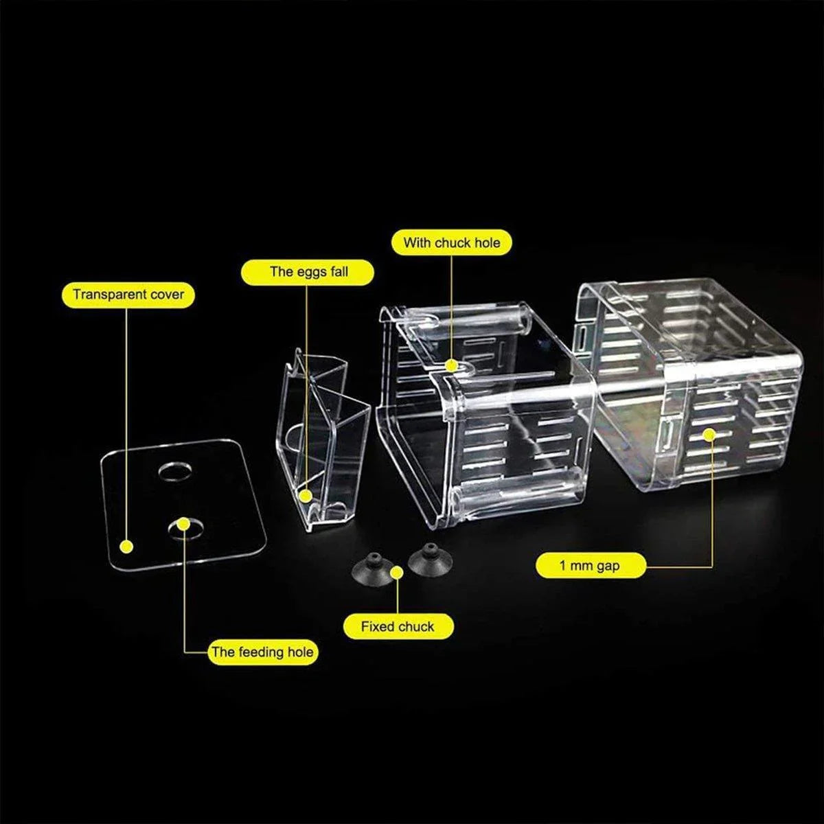 Clear plastic fish hatching box parts with labels, including cover, feeding hole, and main box.