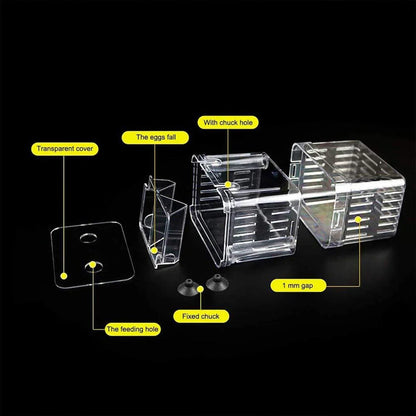 Clear plastic fish hatching box parts with labels, including cover, feeding hole, and main box.