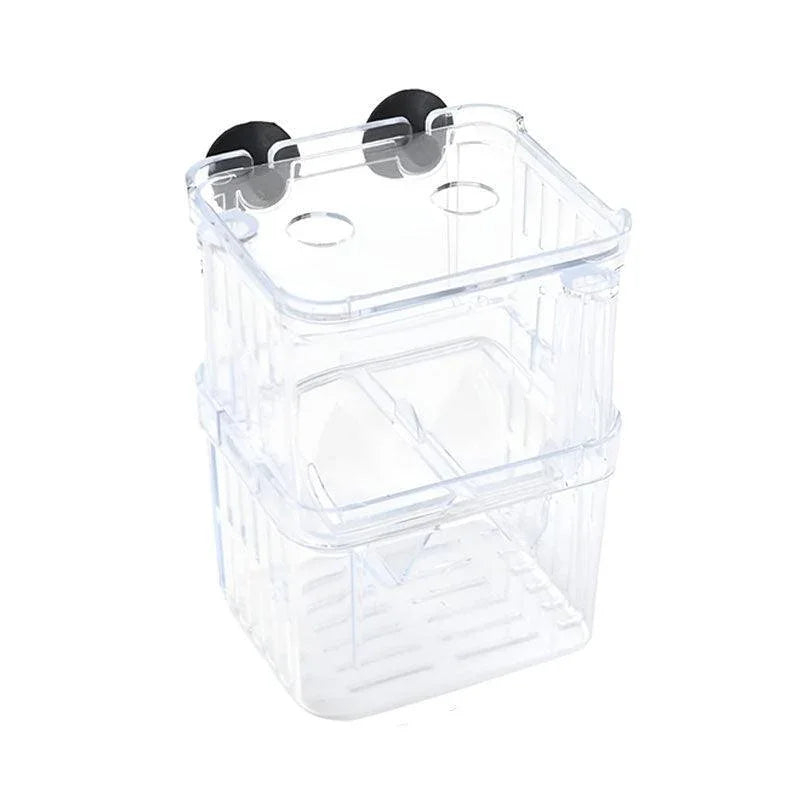 Clear plastic aquarium breeder box with suction cups and ventilation holes