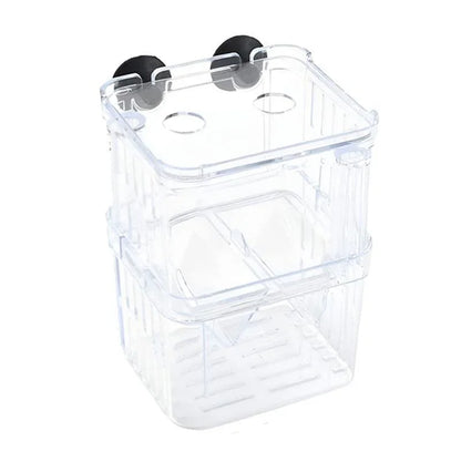 Clear plastic fish hatching box with suction cups and ventilation holes for aquariums