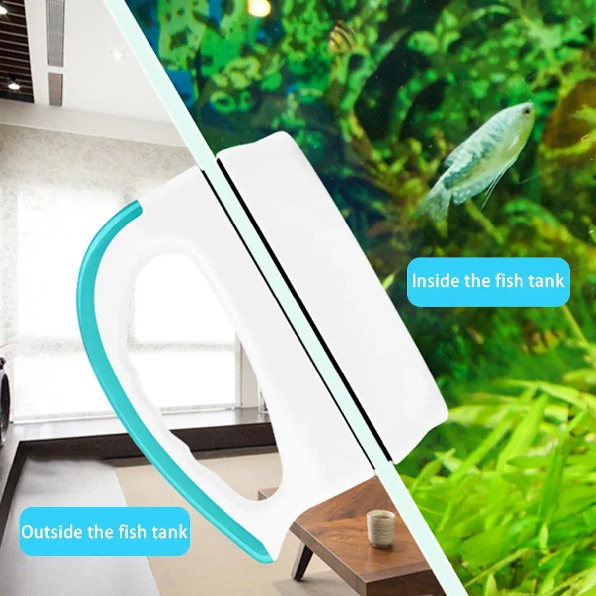 Magnetic aquarium glass cleaner brush removes algae from inside fish tank.