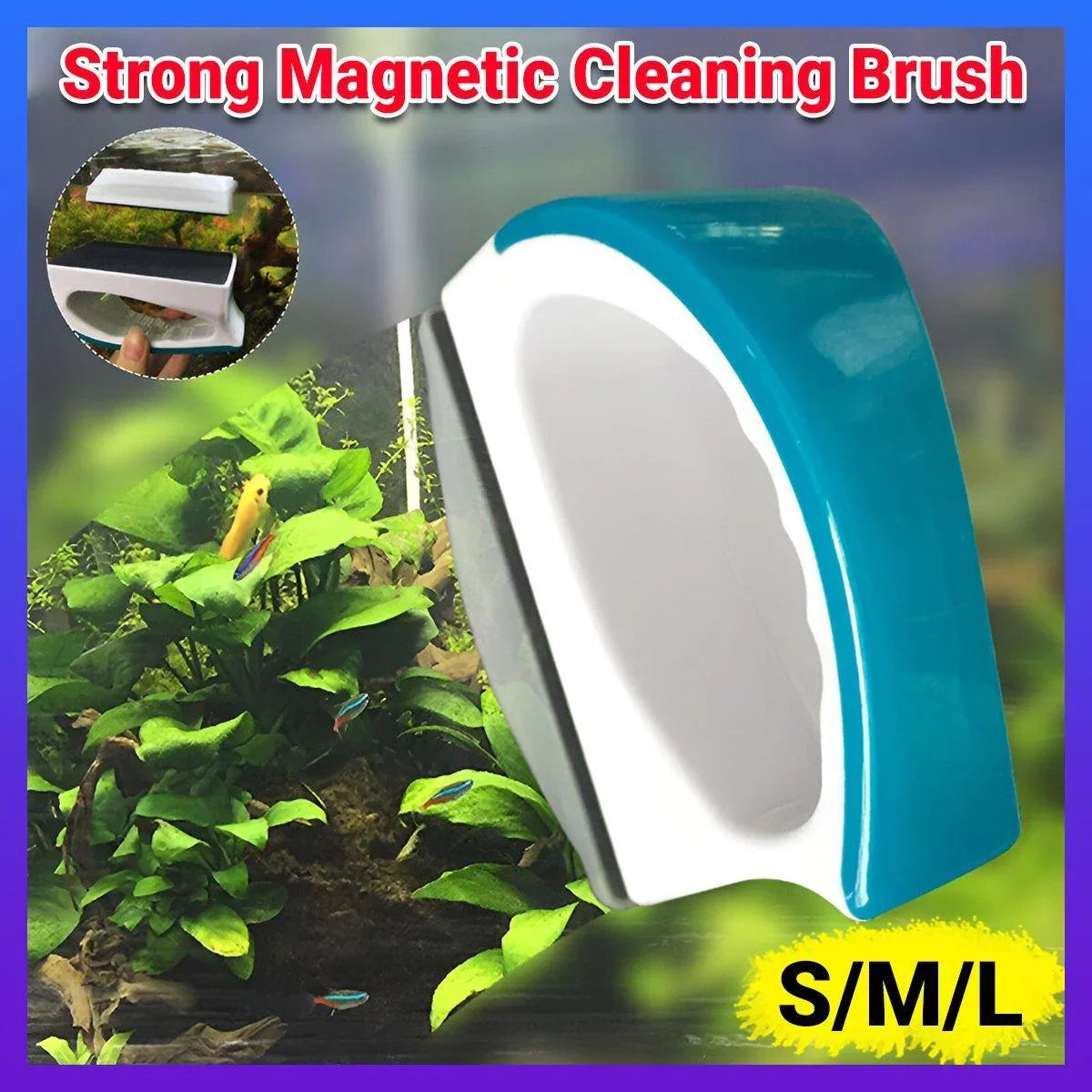 Magnetic aquarium cleaning brush with blue handle for fish tank glass, available in S M L sizes