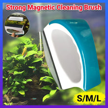Magnetic aquarium cleaning brush with blue handle for fish tank glass, available in S M L sizes