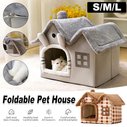 Removable Washable Cat House - Four Seasons Enclosed Pet Bed Brown S