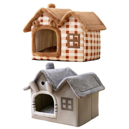 Removable Washable Cat House - Four Seasons Enclosed Pet Bed Brown S