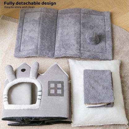 Removable Washable Cat House - Four Seasons Enclosed Pet Bed Brown S