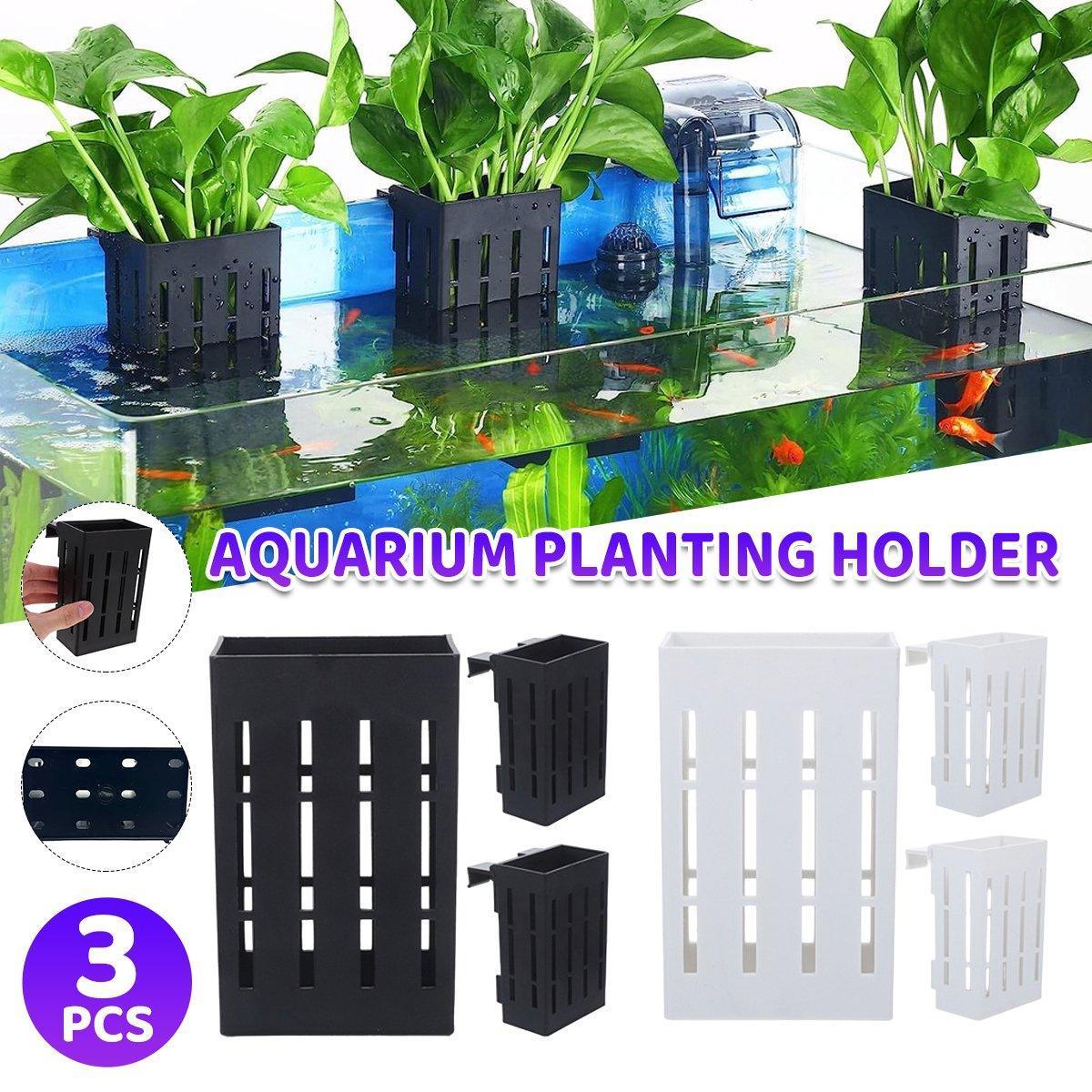 Black and white aquarium planting holders for aquatic plants, 3 pieces shown on fish tank