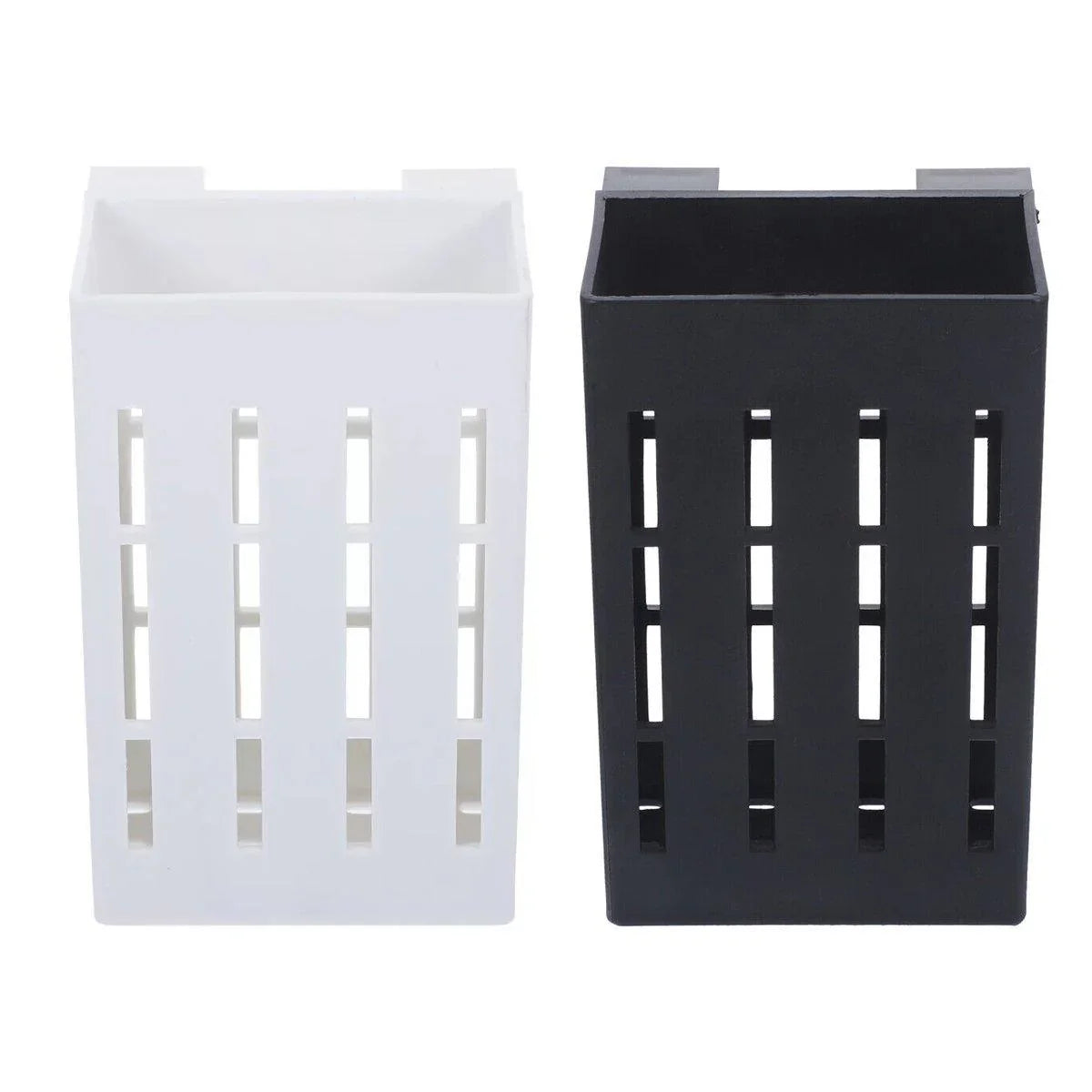 Set of two rectangular plastic storage holders in white and black with vertical slots