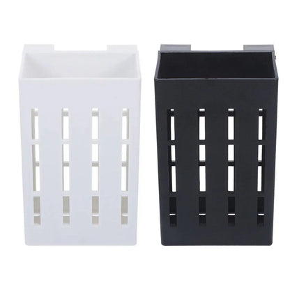 Set of two rectangular plastic storage holders in white and black with vertical slots