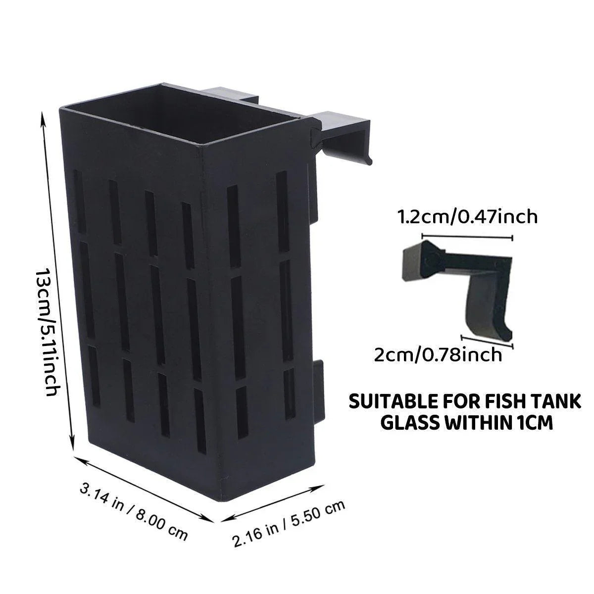 Black plastic aquarium filter box with hook, shown with measurements and glass thickness compatibility.