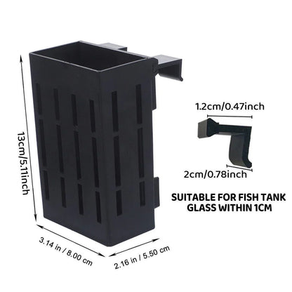 Black plastic aquarium filter box with hook, shown with measurements and glass thickness compatibility.