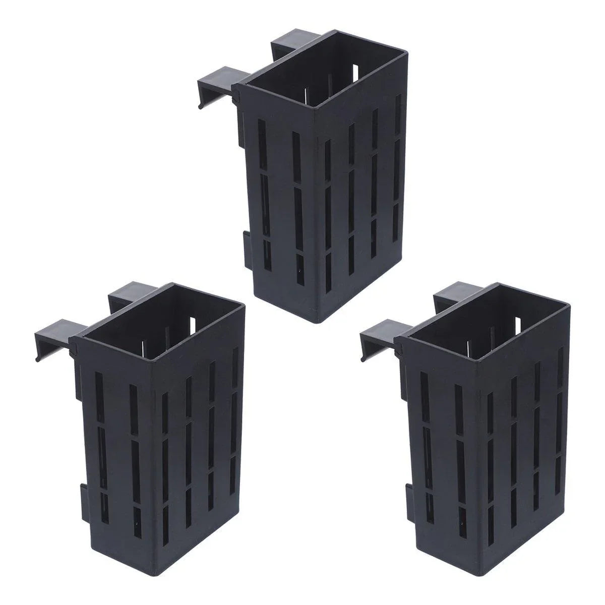 Set of three black rectangular plastic plant pot holders with slotted sides