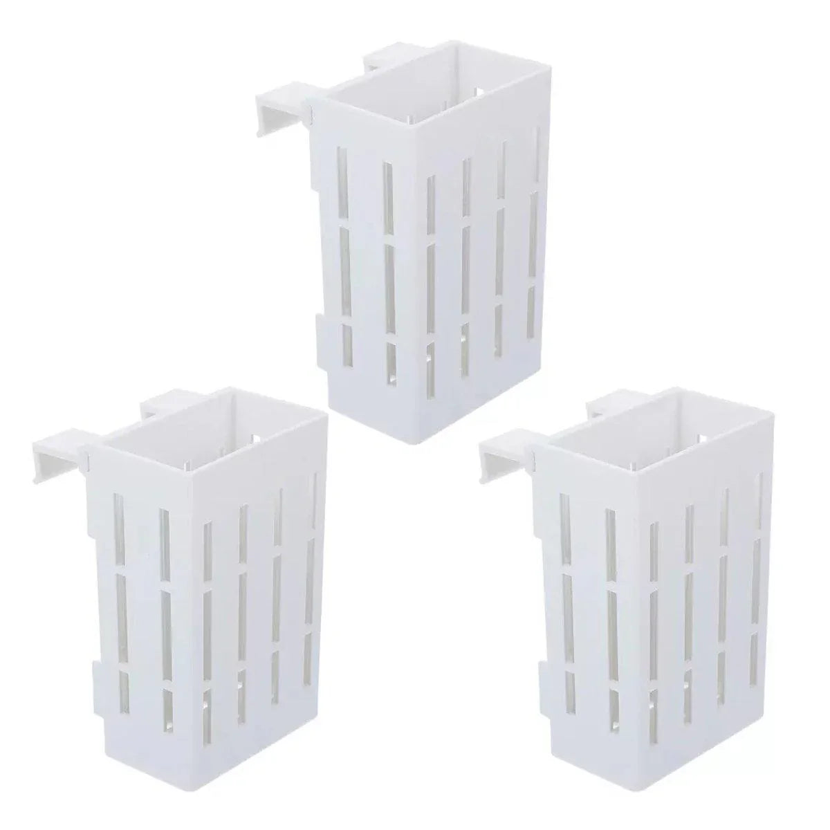 Set of three white plastic hanging storage baskets with vertical slits, ideal for organizing