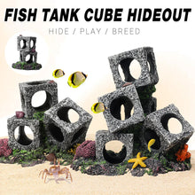 Aquarium fish tank cube hideout decor with stacked stone cubes, coral, fish, and starfish.