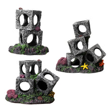 Aquarium decor resin rock cubes with holes, starfish, coral, and sea shell details