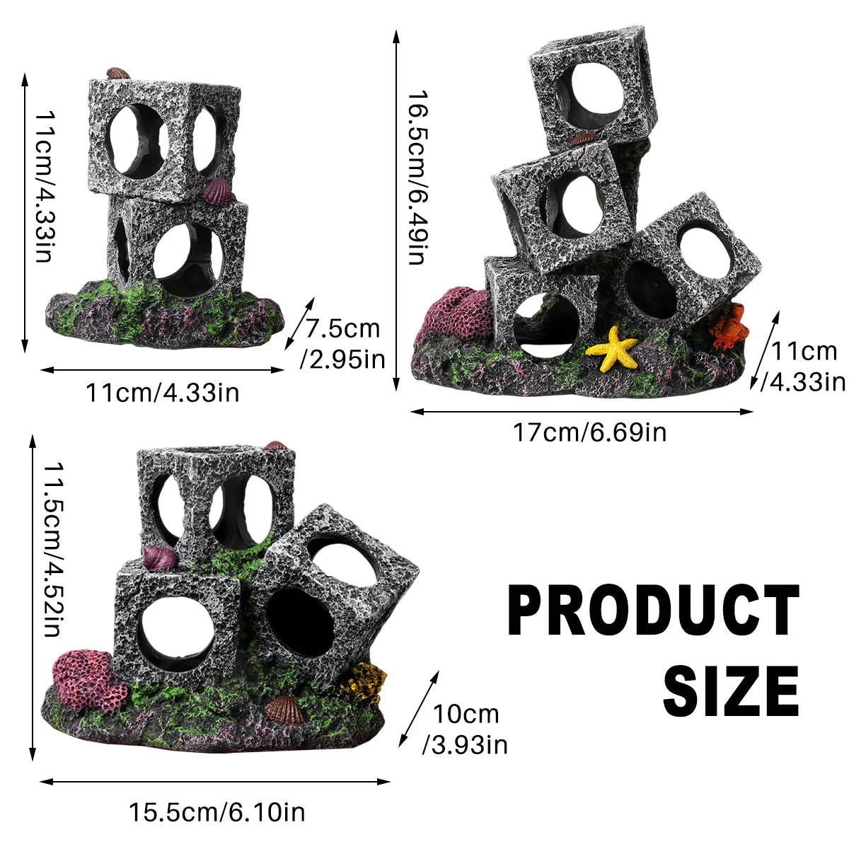 Aquarium artificial rock cave decorations with cube shapes, corals, shells, product size chart