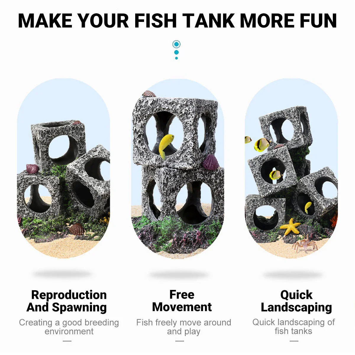 Aquarium decor rocks with holes, fish swimming among stackable cubes for fish tank landscaping.
