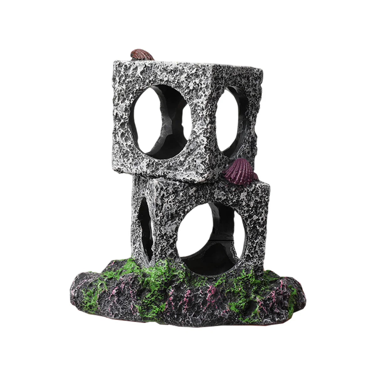 Aquarium ornament with stacked stone cubes, shell accents, and green moss details