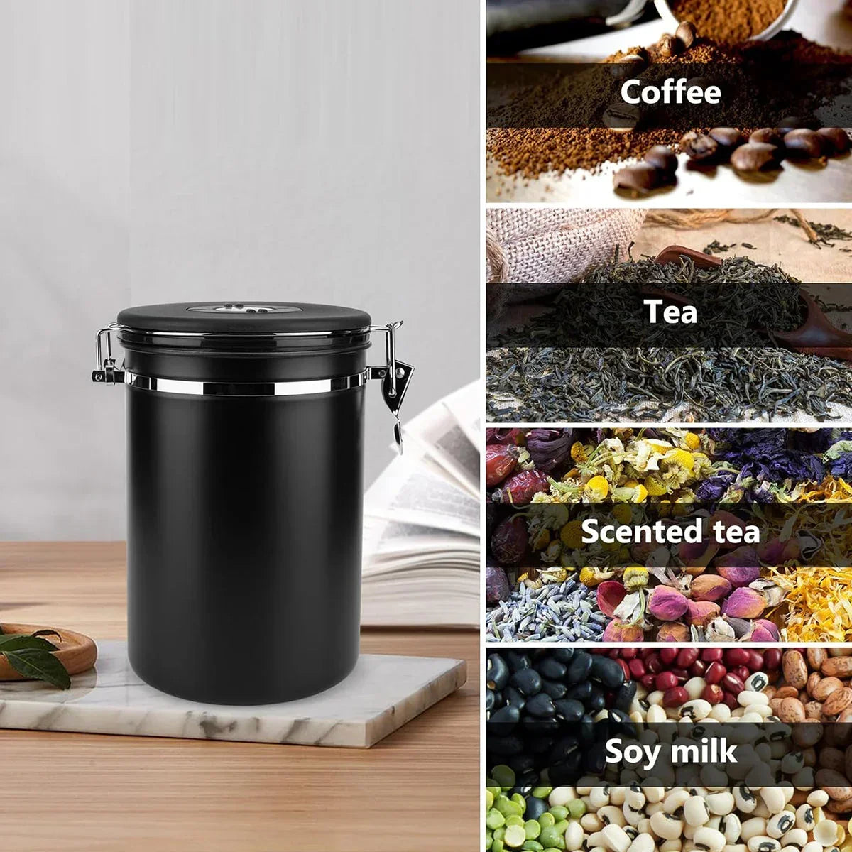Black airtight sealed jar on marble tray with labels for storing coffee, tea, scented tea, and soy milk