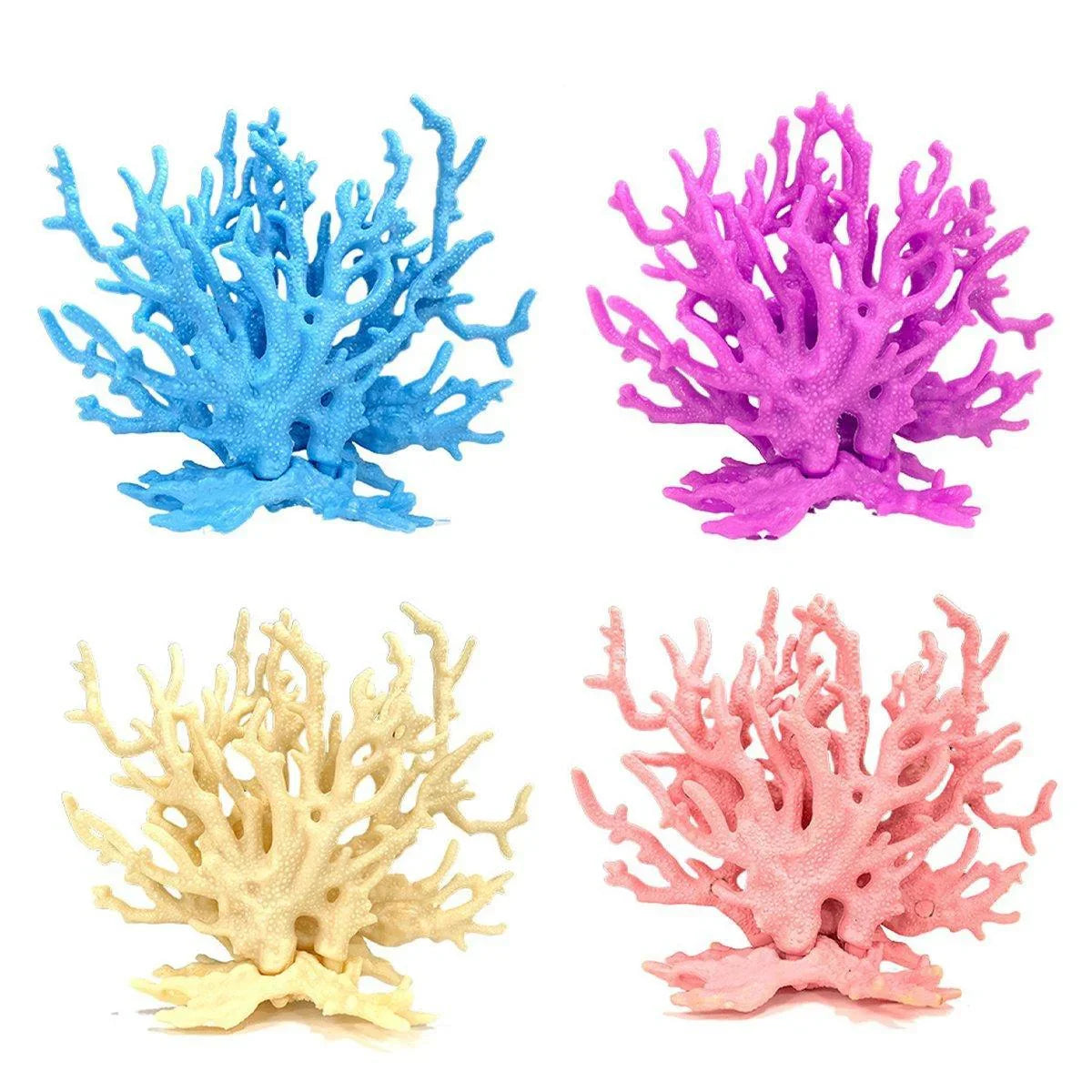 Colorful artificial coral reef aquarium decorations in blue, purple, yellow, and pink