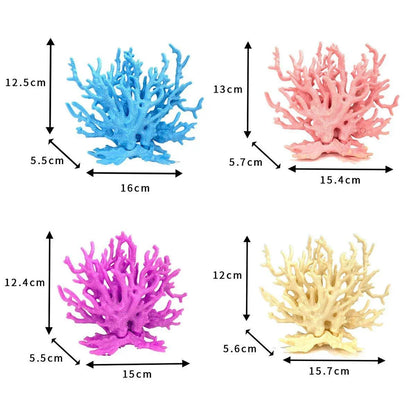 Colorful artificial coral aquarium decorations in blue, pink, purple, yellow, with size dimensions