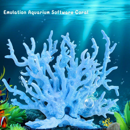 Blue artificial aquarium coral decoration underwater with bubbles and colorful plants