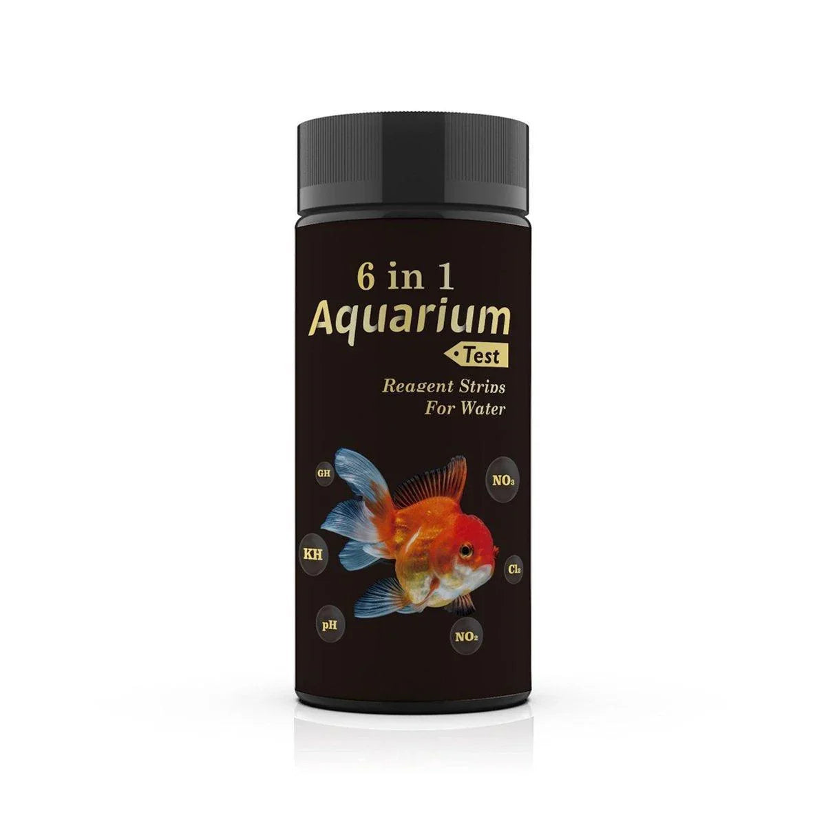 6 in 1 aquarium test strips bottle for water quality, features goldfish graphic.