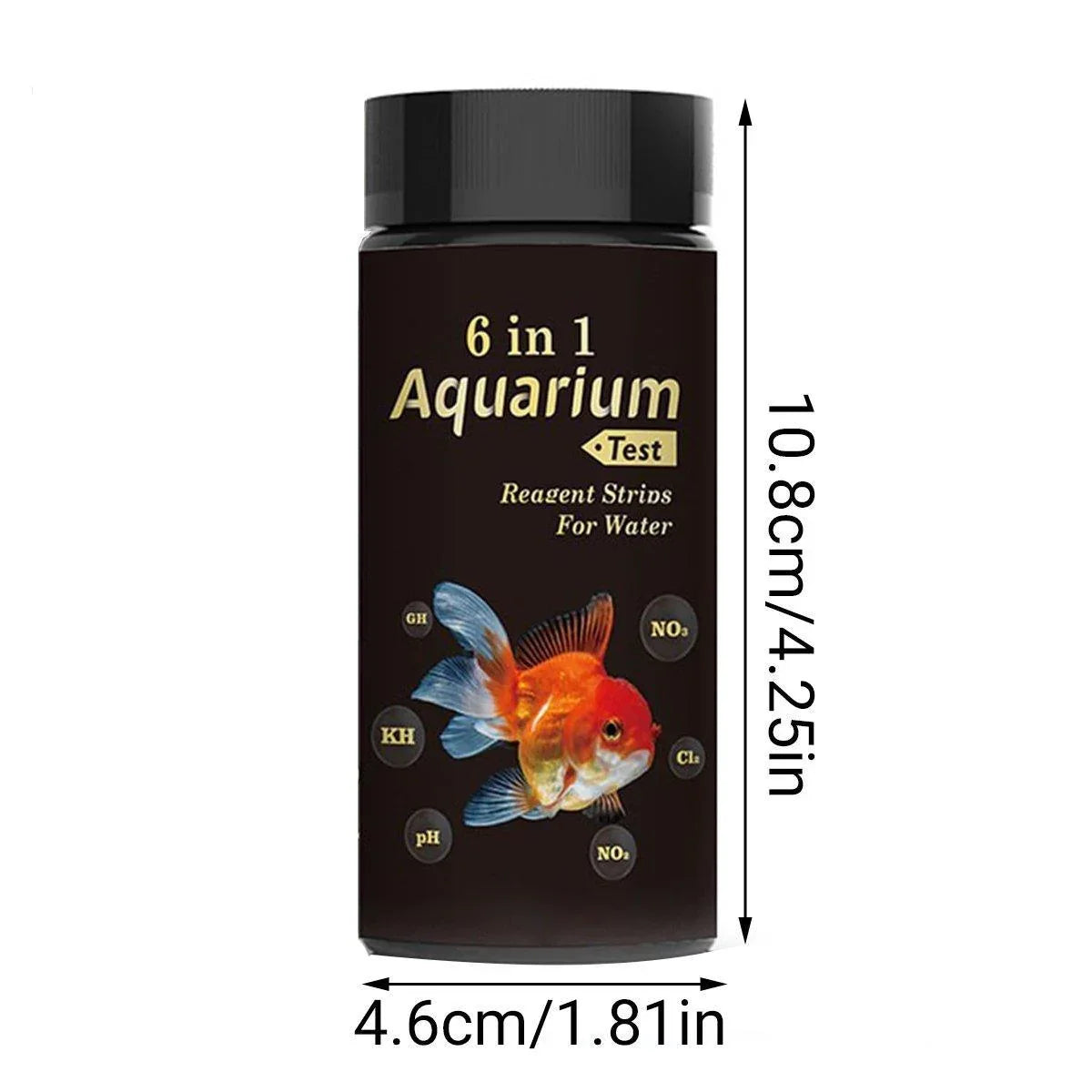 6 in 1 aquarium water test strips bottle with goldfish image and size measurements