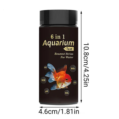 6 in 1 aquarium water test strips bottle with goldfish image and size measurements