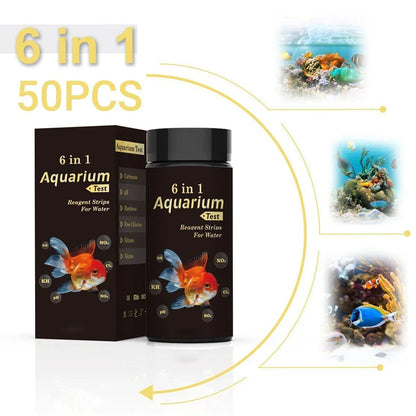 6 in 1 aquarium water test strips kit, 50 pieces, for testing pH, nitrate, hardness; product box with goldfish and marine images.