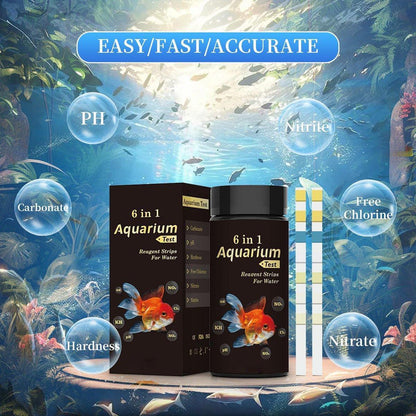 6 in 1 aquarium water test strips kit with goldfish, checks pH, carbonate, hardness, nitrite, nitrate, chlorine.