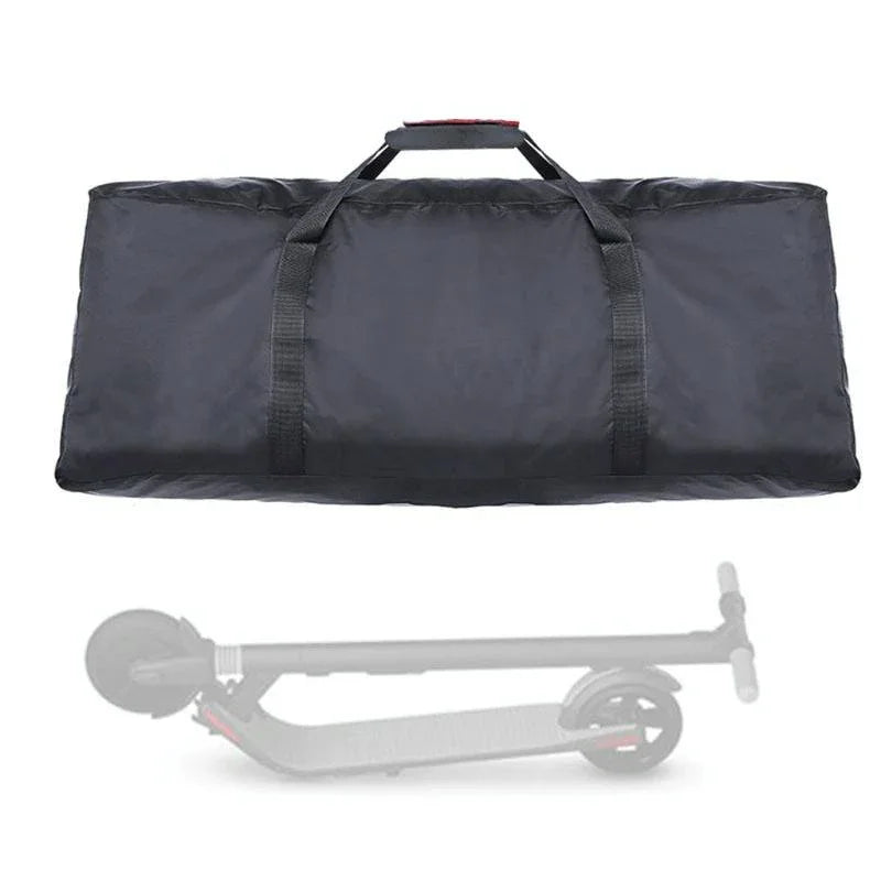 Black electric scooter carrying bag with handles, folded scooter illustration beneath
