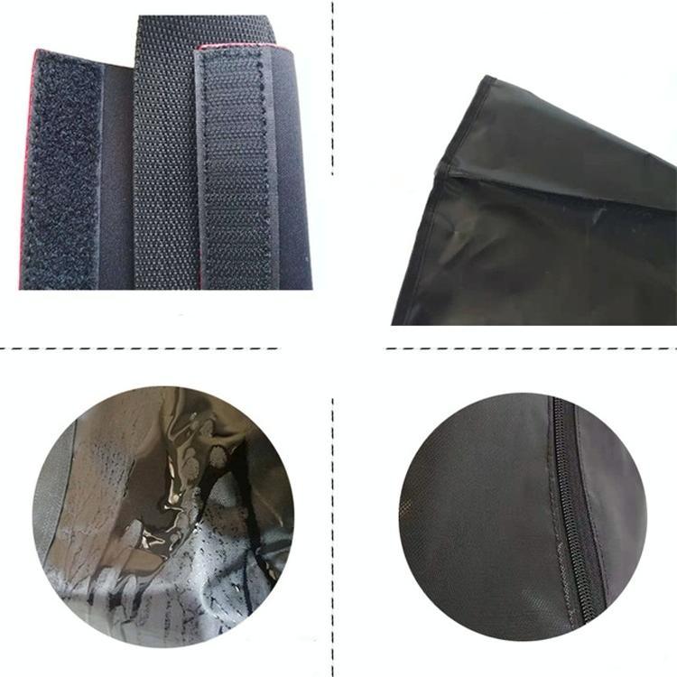 Close-up of black waterproof fabric, secure Velcro straps, and zipper details on storage bag