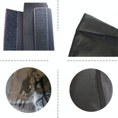 Close-up of black waterproof fabric, secure Velcro straps, and zipper details on storage bag