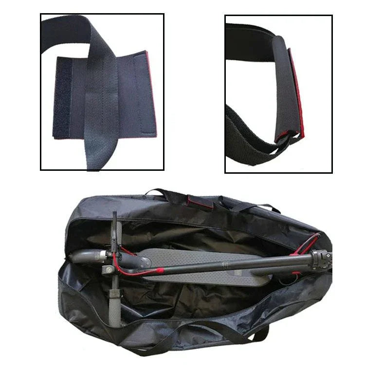 Black electric scooter carry bag with close-up of velcro strap and handle