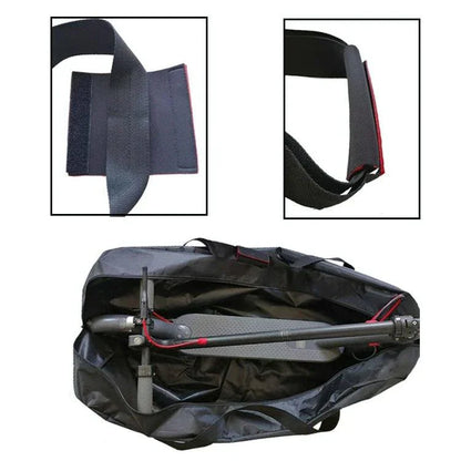 Black electric scooter carry bag with close-up of velcro strap and handle