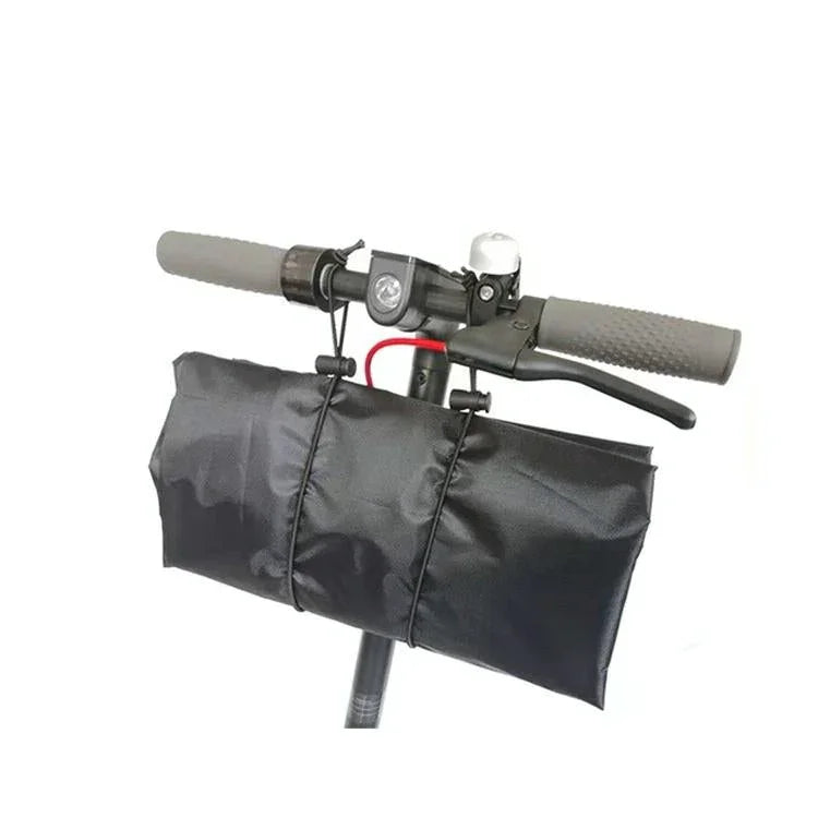 Black scooter handlebar bag, waterproof storage pouch attached to electric scooter handlebars