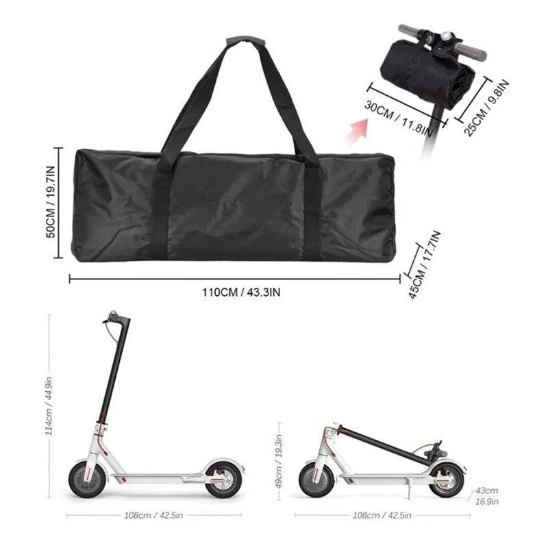 Black foldable scooter carry bag with size dimensions, shown with electric scooters.