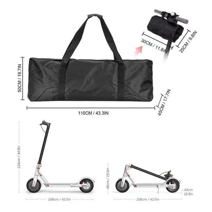 Black foldable scooter carry bag with size dimensions, shown with electric scooters.