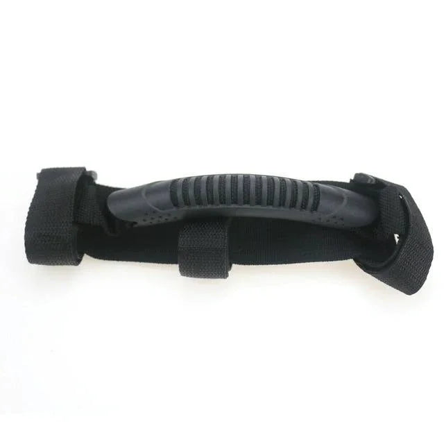 Black nylon and plastic handle grip with adjustable straps for bags or luggage