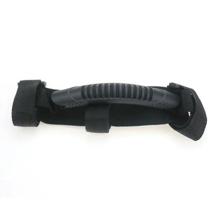 Black nylon and plastic handle grip with adjustable straps for bags or luggage