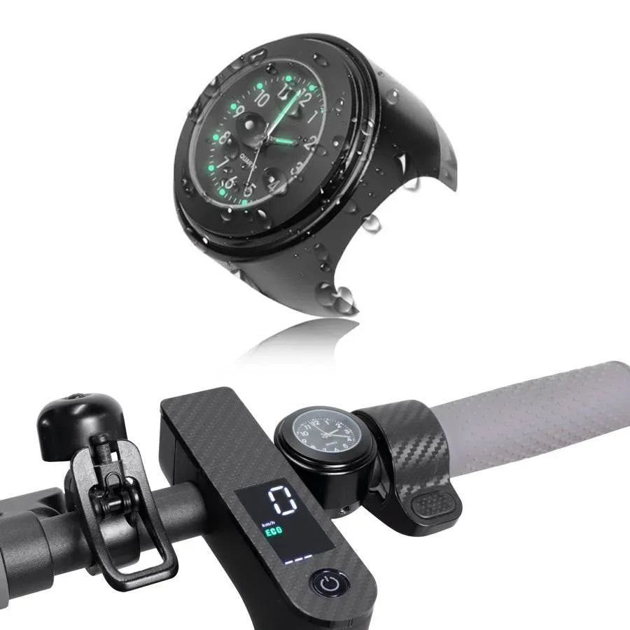 Water-resistant black handlebar clock for e-scooters and bikes with luminous dial