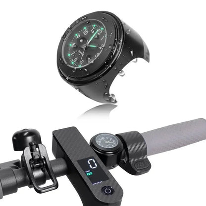 Water-resistant black handlebar clock for e-scooters and bikes with luminous dial