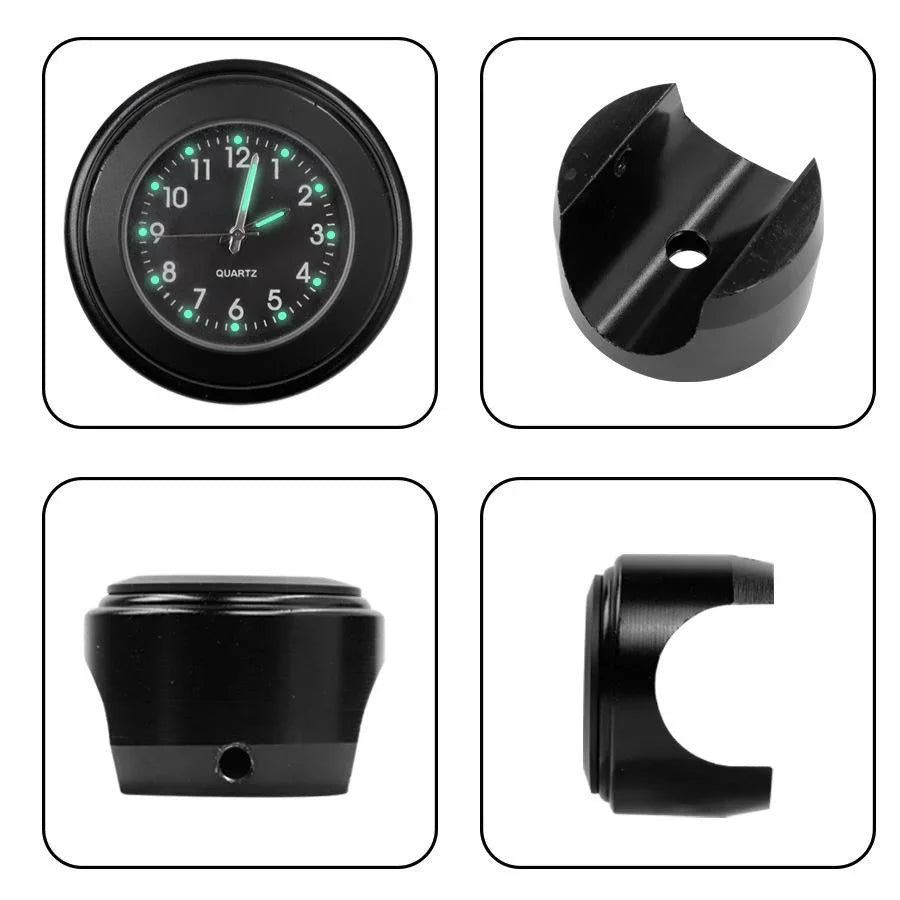 Black round quartz clock with holder mount for car, motorcycle, or bike handlebars
