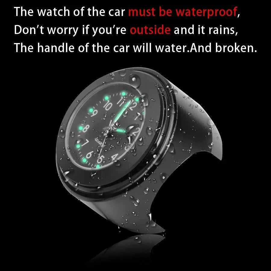 Black waterproof car clock with glowing numbers and water droplets, isolated on black background