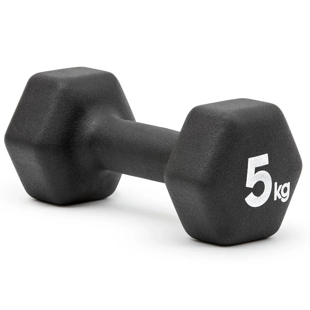 Black 5 kg hexagonal rubber-coated dumbbell on white background