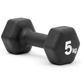 Black 5 kg hexagonal rubber-coated dumbbell on white background