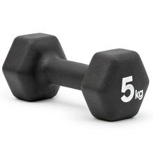 Black 5 kg hexagonal rubber-coated dumbbell on white background
