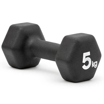 Black 5 kg hexagonal rubber-coated dumbbell on white background